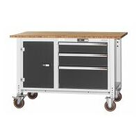 Banco da lavoro mobile, sportello sul lato sinistro, 3 cassetti sul lato destro, altezza 850 mm, Piano in bambù, 20×20G, Lunghezza piano: 1250mm
