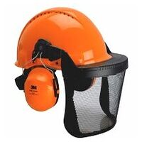 Kombinovaná ochrana hlavy 3M™ G3000 3MO315C v oranžové barvě s kapslemi H31P3E, ráčnový systém, kšilt 5C z nerezové oceli, kožený svařovací pásek, logo KWF.