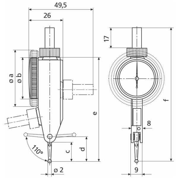 Vippindikator mätspetslängd 14,5 mm 0,1/40 mm
