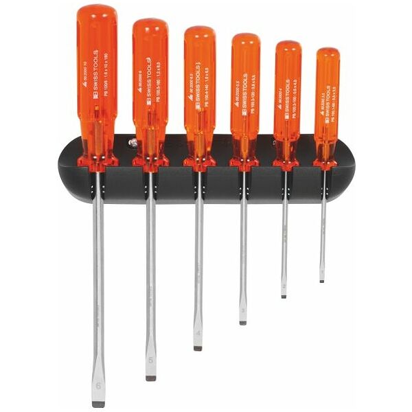 Blade screwdriver set for slot-head, with plastic handle and wall rack  6