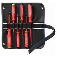 Classic VDE screwdriver set for slotted and Pozidriv screws, in a compact roll-up textile case