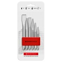 Flat and cross-cut chisels, center punch, drift punches, set in plastic holder, in blister pack