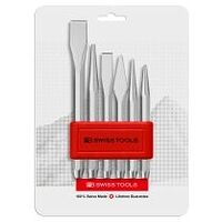 Flat and cross-cut chisels, center punch, drift punches, set in plastic holder, in blister pack