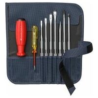 SwissGrip screwdriver set with interchangeable blades in a compact roll-up textile case, for slotted and Phillips screws