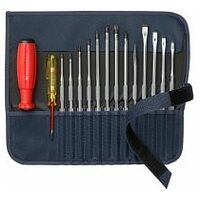 SwissGrip screwdriver set with interchangeable blades for slotted, Phillips and Torx® screws, in a compact roll-up textile case