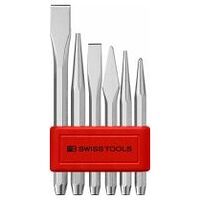 Flat and cross-cut chisels, center and drift punches, set in a practical holder