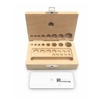 Wood weight case 353-420-200, for nominal values 1 mg - 50 g, for classes F2 + M1 + M2, for design Button/compact
