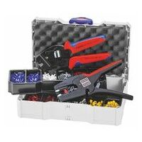 Crimping set, terminal sleeves with crimping tool and wire strippers