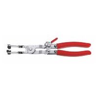 Self-tightening clamp plier, long-reach model with lock and pivoting jaws
