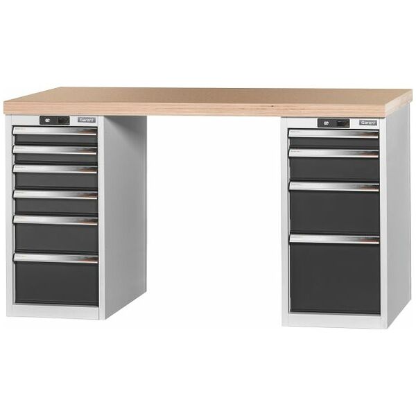 Vario workbench with 2 drawer casings 16G, height 850 mm, Beech marine ply worktop 1500/6+4 mm