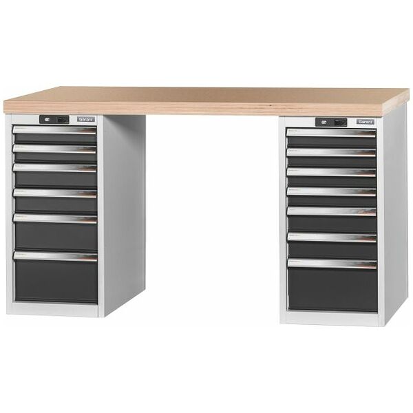 Vario workbench with 2 drawer casings 16G, height 850 mm, Beech marine ply worktop 1500/6+7 mm