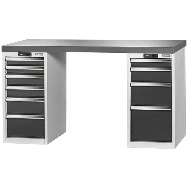 Vario workbench with 2 drawer casings 16G, height 850 mm, Eluplan worktop, dark 1500/6+4 mm