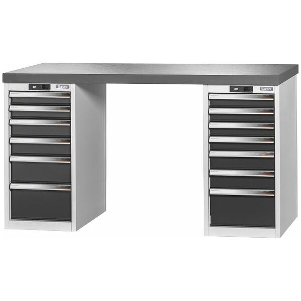Vario workbench with 2 drawer casings 16G, height 850 mm, Eluplan worktop, dark 1500/6+7 mm