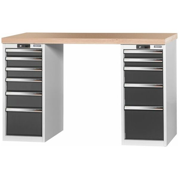 Vario workbench with 2 drawer casings 16G, height 950 mm, Beech marine ply worktop 1500/6+5 mm