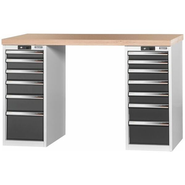Vario workbench with 2 drawer casings 16G, height 950 mm, Beech marine ply worktop 1500/6+7 mm
