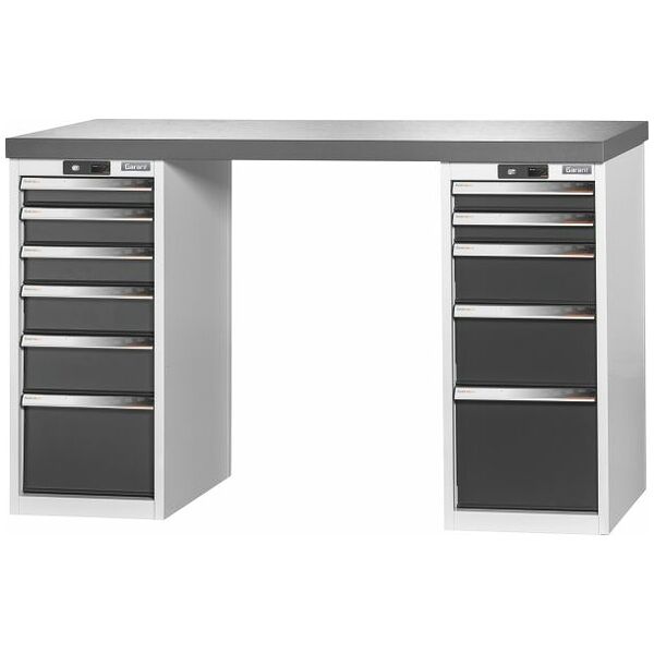 Vario workbench with 2 drawer casings 16G, height 950 mm, Eluplan worktop, dark 1500/6+5 mm