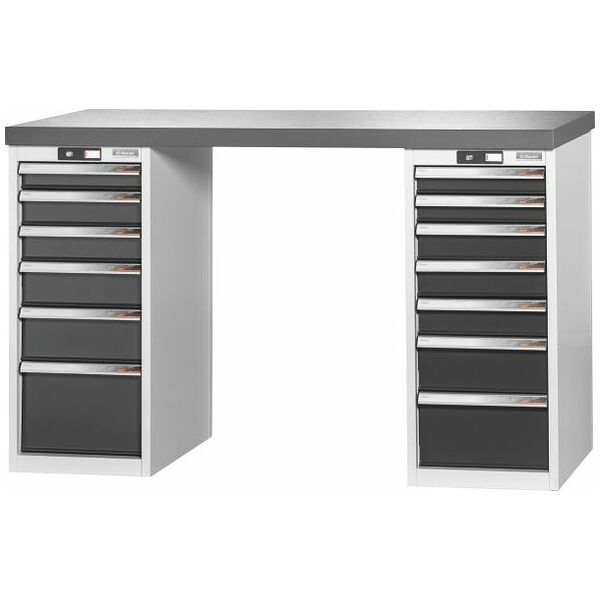 Vario workbench with 2 drawer casings 16G, height 950 mm, Eluplan worktop, dark 1500/6+7 mm