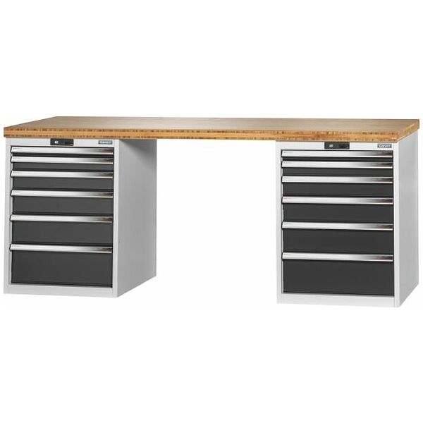 Vario workbench with 2 drawer casings 24G, height 850 mm, Bamboo worktop 2000/6+6 mm