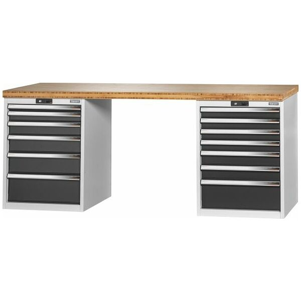 Vario workbench with 2 drawer casings 24G, height 850 mm, Bamboo worktop 2000/6+7 mm