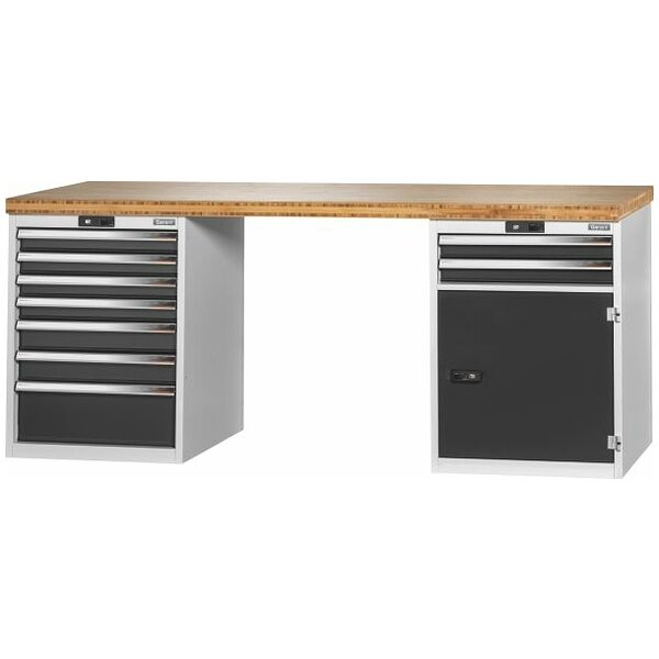 Vario workbench with 2 drawer casings 24G, height 850 mm, Bamboo worktop 2000/7+2T mm