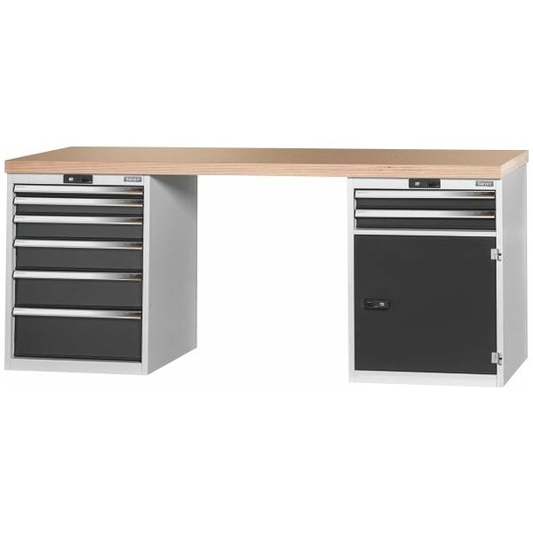 Vario workbench with 2 drawer casings 24G, height 850 mm, Beech marine ply worktop 2000/6+2T mm