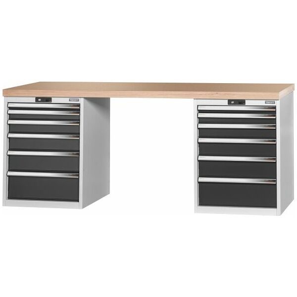 Vario workbench with 2 drawer casings 24G, height 850 mm, Beech marine ply worktop 2000/6+6 mm