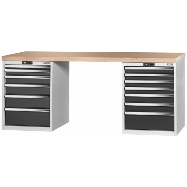 Vario workbench with 2 drawer casings 24G, height 850 mm, Beech marine ply worktop 2000/6+7 mm