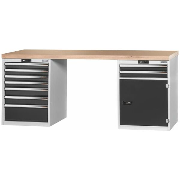 Vario workbench with 2 drawer casings 24G, height 850 mm, Beech marine ply worktop 2000/7+2T mm