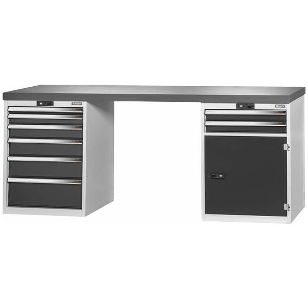 Vario workbench with 2 drawer casings 24G, height 850 mm, Eluplan worktop, dark 2000/6+2T mm