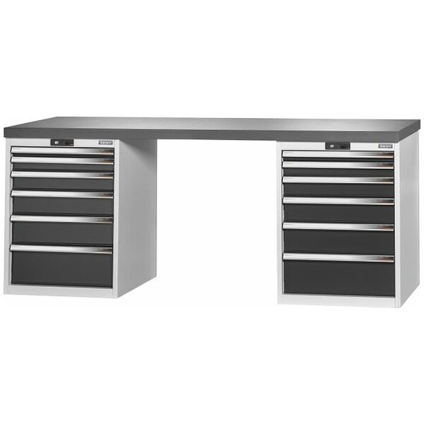 Vario workbench with 2 drawer casings 24G, height 850 mm, Eluplan worktop, dark 2000/6+6 mm