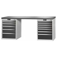 Vario workbench with 2 drawer casings 24G, height 850 mm, Eluplan worktop, dark 20×20G
