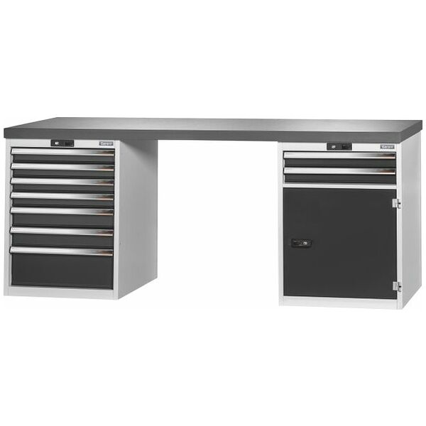 Vario workbench with 2 drawer casings 24G, height 850 mm, Eluplan worktop, dark 2000/7+2T mm