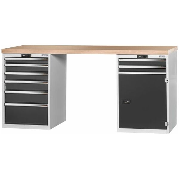 Vario workbench with 2 drawer casings 24G, height 950 mm, Beech marine ply worktop 2000/6+2T mm