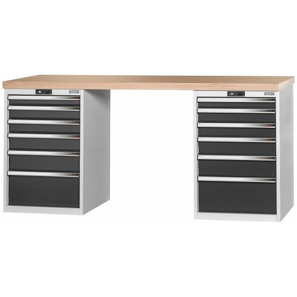 Vario workbench with 2 drawer casings 24G, height 950 mm, Beech marine ply worktop 2000/6+6 mm