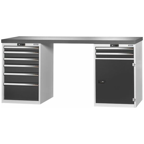 Vario workbench with 2 drawer casings 24G, height 950 mm, Eluplan worktop, dark 2000/6+2T mm