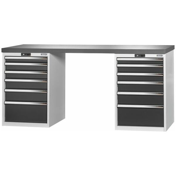 Vario workbench with 2 drawer casings 24G, height 950 mm, Eluplan worktop, dark 2000/6+6 mm