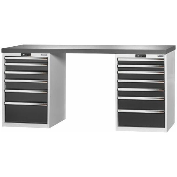 Vario workbench with 2 drawer casings 24G, height 950 mm, Eluplan worktop, dark 2000/6+7 mm