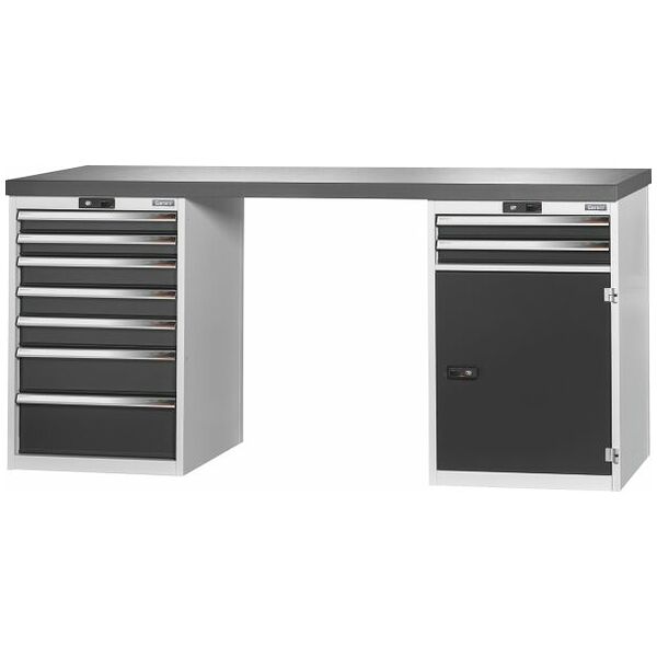 Vario workbench with 2 drawer casings 24G, height 950 mm, Eluplan worktop, dark 2000/7+2T mm