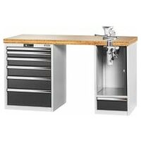 Vario workbench with 2 drawer casings, swing-away and height adjustment unit, height 850 mm, Bamboo worktop 20×20G