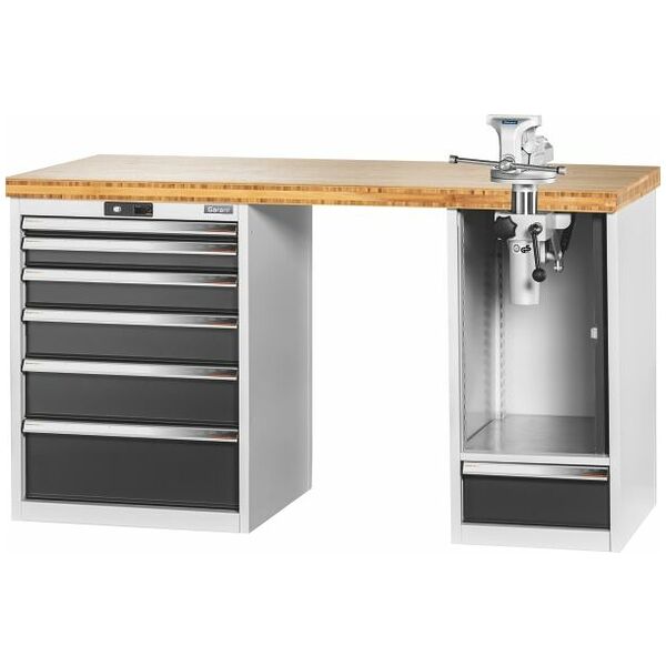 Vario workbench with 2 drawer casings, swing-away and height adjustment unit, height 850 mm, Bamboo worktop 1500/6+1T mm