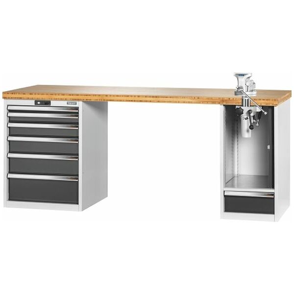 Vario workbench with 2 drawer casings, swing-away and height adjustment unit, height 850 mm, Bamboo worktop 2000/6+1T mm