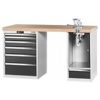 Vario workbench with 2 drawer casings, swing-away and height adjustment unit, height 850 mm, Beech marine ply worktop 20×20G