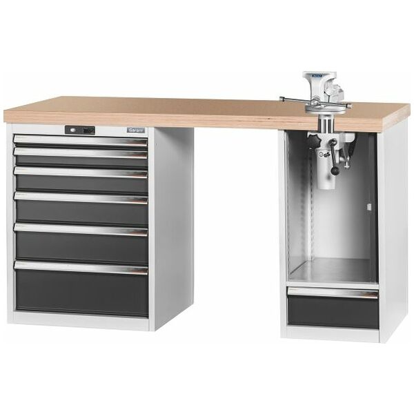 Vario workbench with 2 drawer casings, swing-away and height adjustment unit, height 850 mm, Beech marine ply worktop 1500/6+1T mm