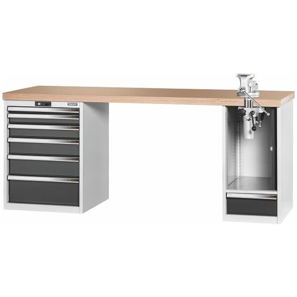 Vario workbench with 2 drawer casings, swing-away and height adjustment unit, height 850 mm, Beech marine ply worktop 2000/6+1T mm