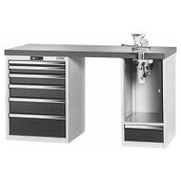 Vario workbench with 2 drawer casings, swing-away and height adjustment unit, height 850 mm, Eluplan worktop, dark 20×20G