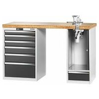 Vario workbench with 2 drawer casings, swing-away and height adjustment unit, height 950 mm, Bamboo worktop 20×20G