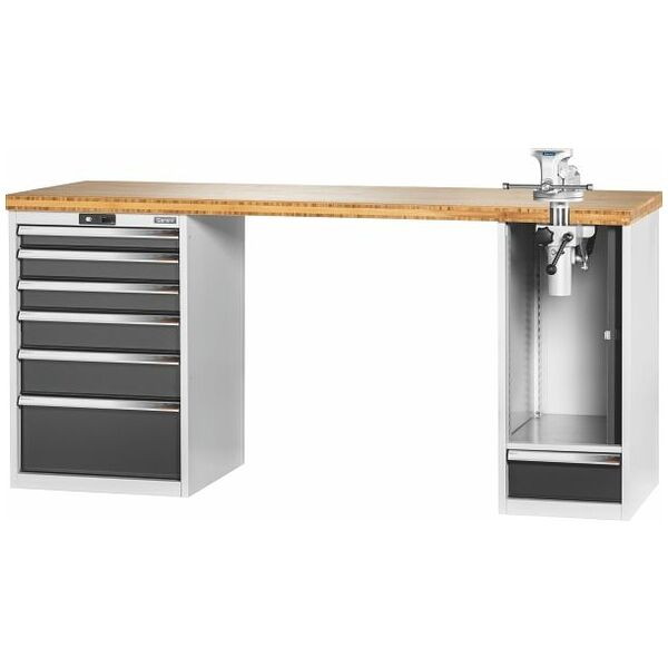 Vario workbench with 2 drawer casings, swing-away and height adjustment unit, height 950 mm, Bamboo worktop 2000/6+1T mm