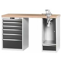 Vario workbench with 2 drawer casings, swing-away and height adjustment unit, height 950 mm, Beech marine ply worktop 20×20G