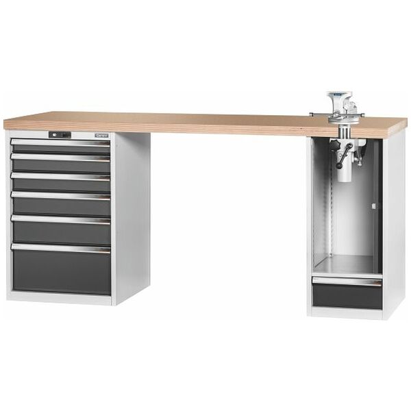 Vario workbench with 2 drawer casings, swing-away and height adjustment unit, height 950 mm, Beech marine ply worktop 2000/6+1T mm