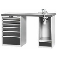 Vario workbench with 2 drawer casings, swing-away and height adjustment unit, height 950 mm, Eluplan worktop, dark 20×20G